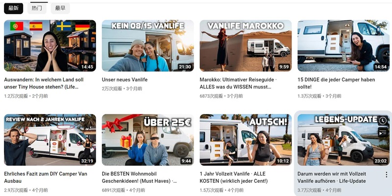 德国户外旅游youtube尾部达人博主频道内容