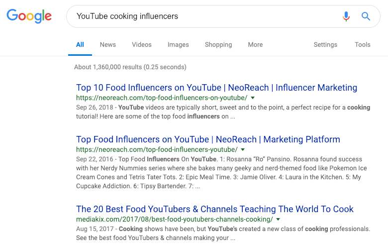 谷歌搜索烹饪类Youtube红人